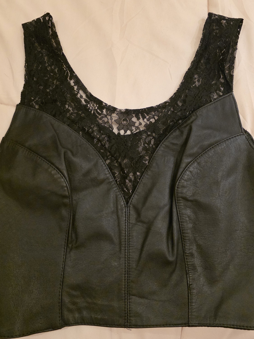 Black Lace-Trim Vintage Leather Tank Top